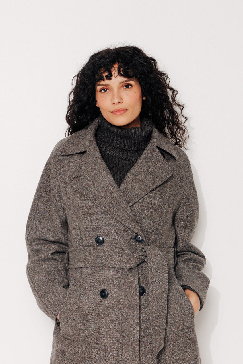 TROENE - TROENE - Manteau long ceinturé en drap de laine shetland chiné taupe MARRON - Trench & Coat