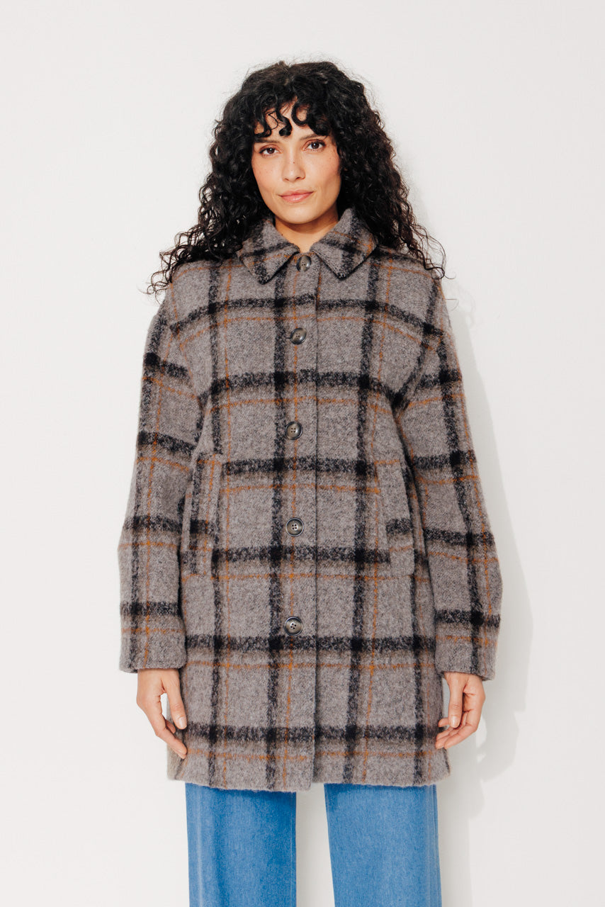 TULIPIER - TULIPIER - Manteau mi-long oversize en bouclette de laine à carreaux gris VISONMARRON - Trench & Coat