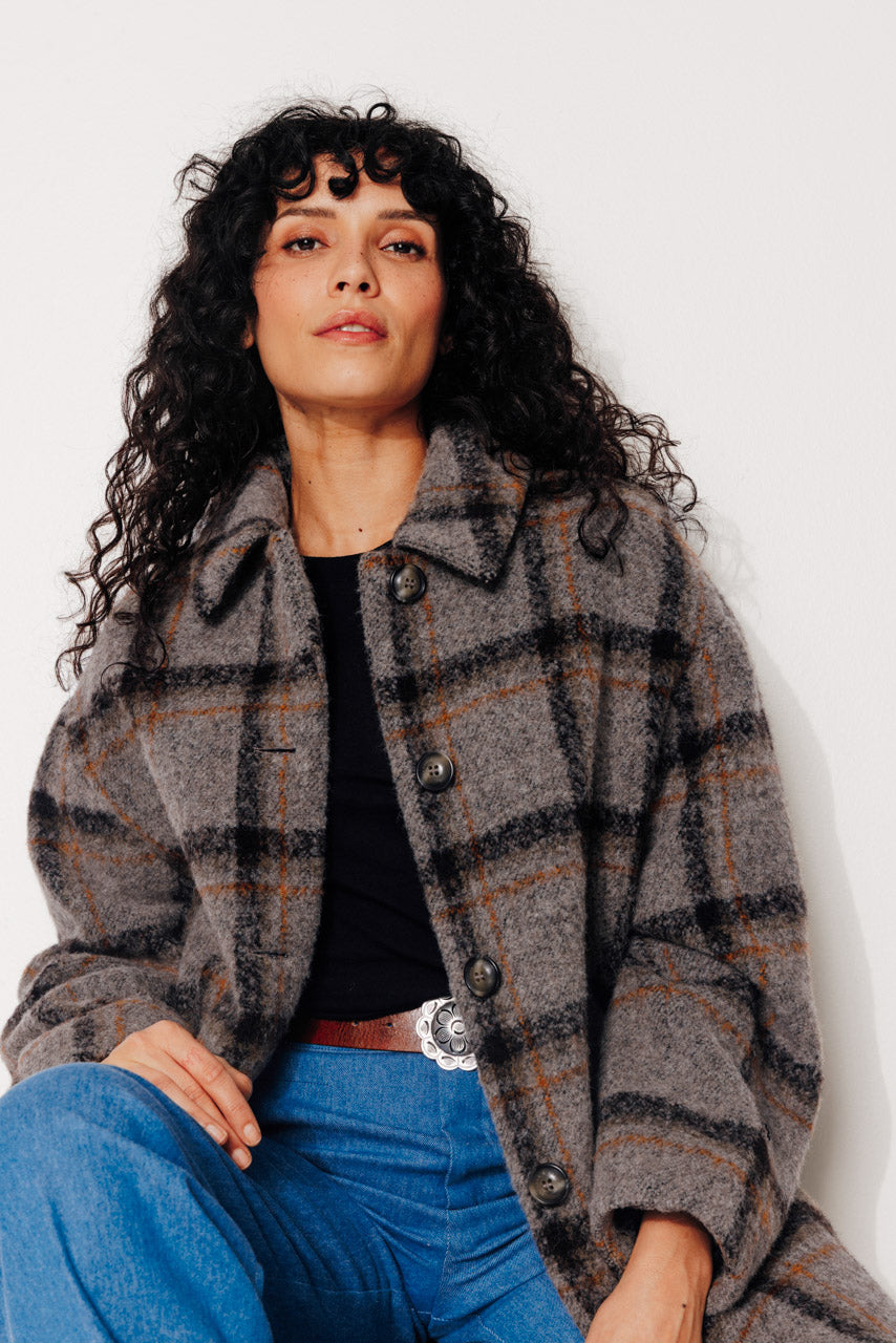 TULIPIER - TULIPIER - Manteau mi-long oversize en bouclette de laine à carreaux gris VISONMARRON - Trench & Coat