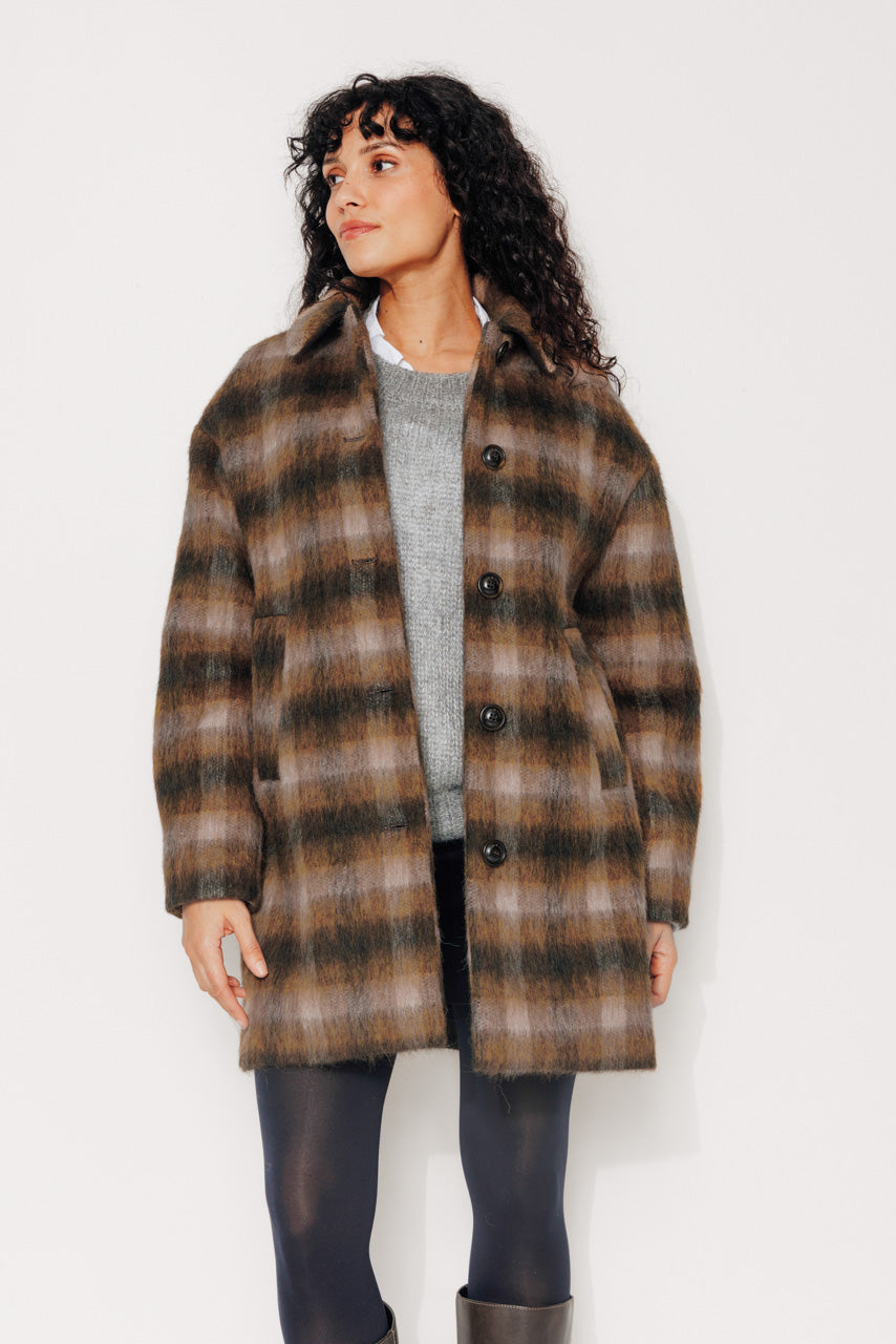 TULIPIER - TULIPIER - Manteau mi-long oversize esprit surveste en lainage à carreaux marron BRULE - Trench & Coat