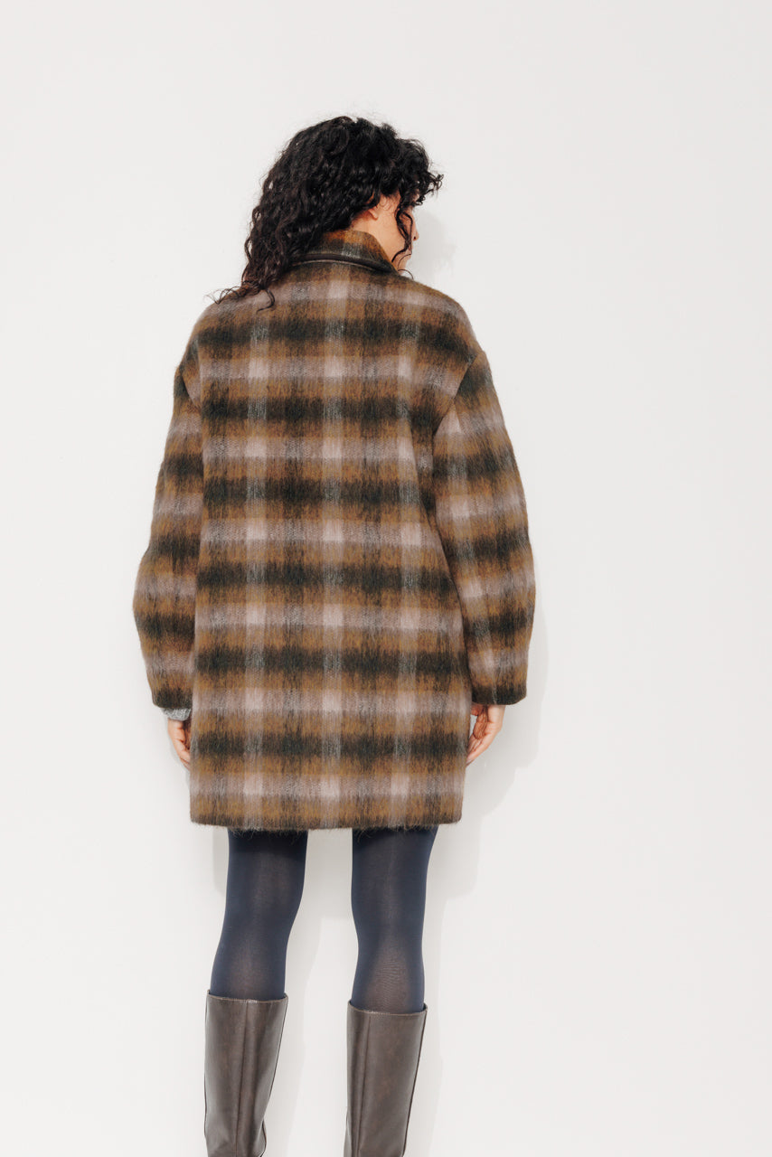 TULIPIER - TULIPIER - Manteau mi-long oversize esprit surveste en lainage à carreaux marron BRULE - Trench & Coat