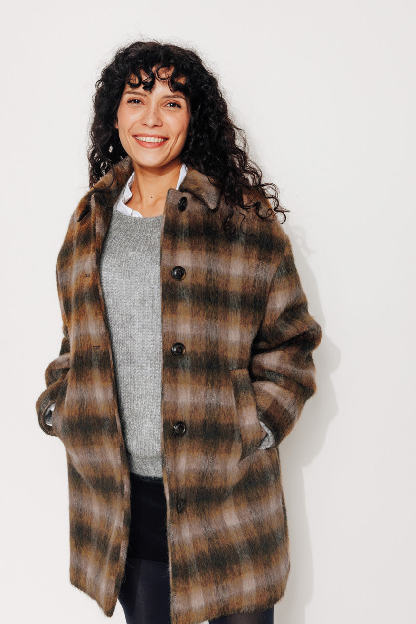 TULIPIER - TULIPIER - Manteau mi-long oversize esprit surveste en lainage à carreaux marron BRULE - Trench & Coat