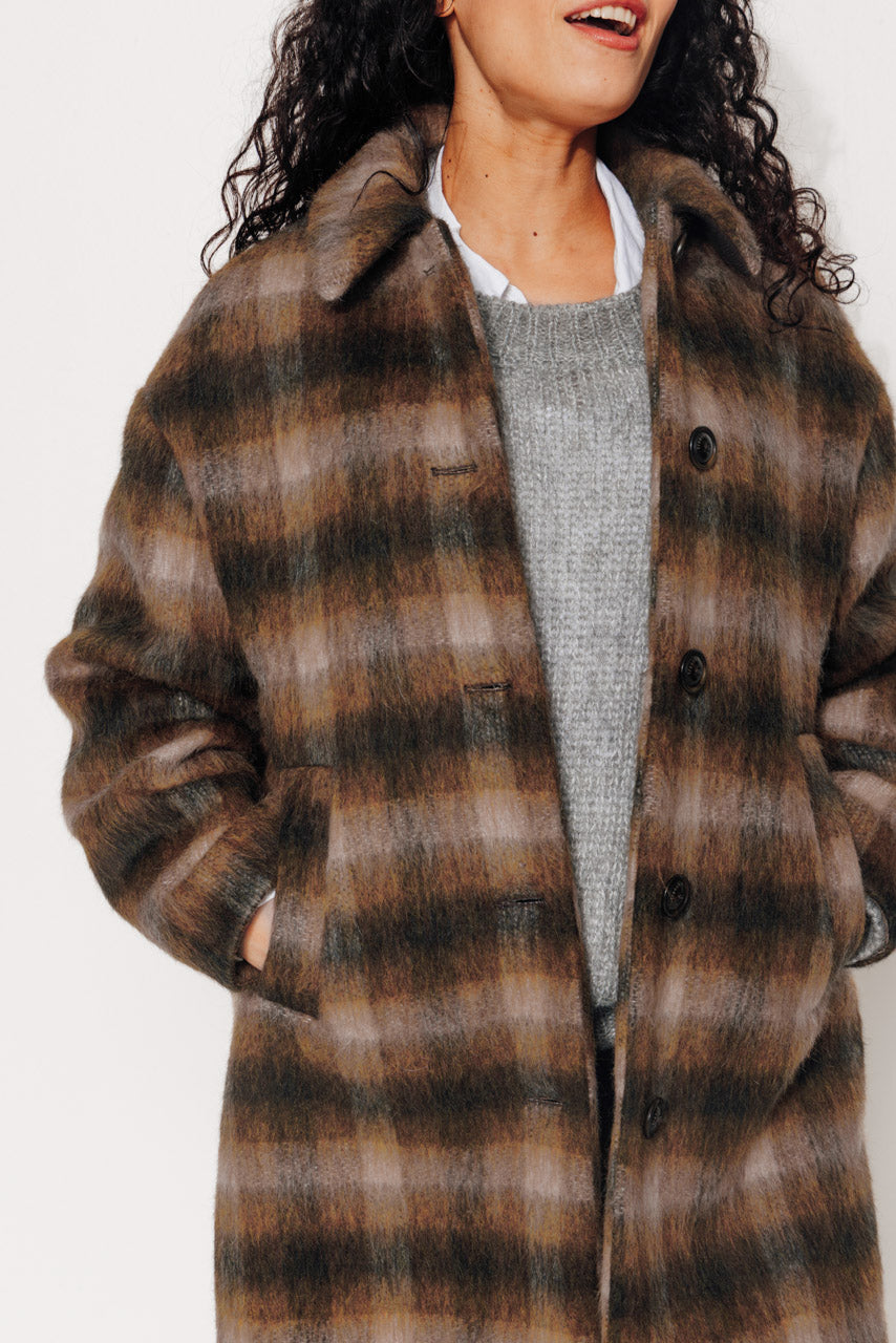 TULIPIER - TULIPIER - Manteau mi-long oversize esprit surveste en lainage à carreaux marron BRULE - Trench & Coat
