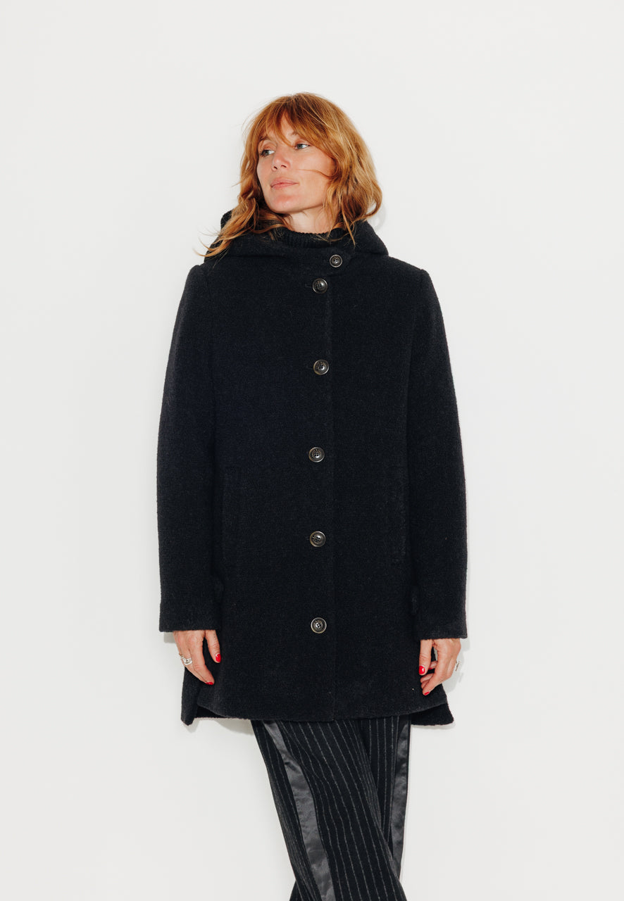 NEFLIER - NEFLIER - Manteau mi-long à capuche en bouclette de laine vierge noir NOIR - Trench & Coat