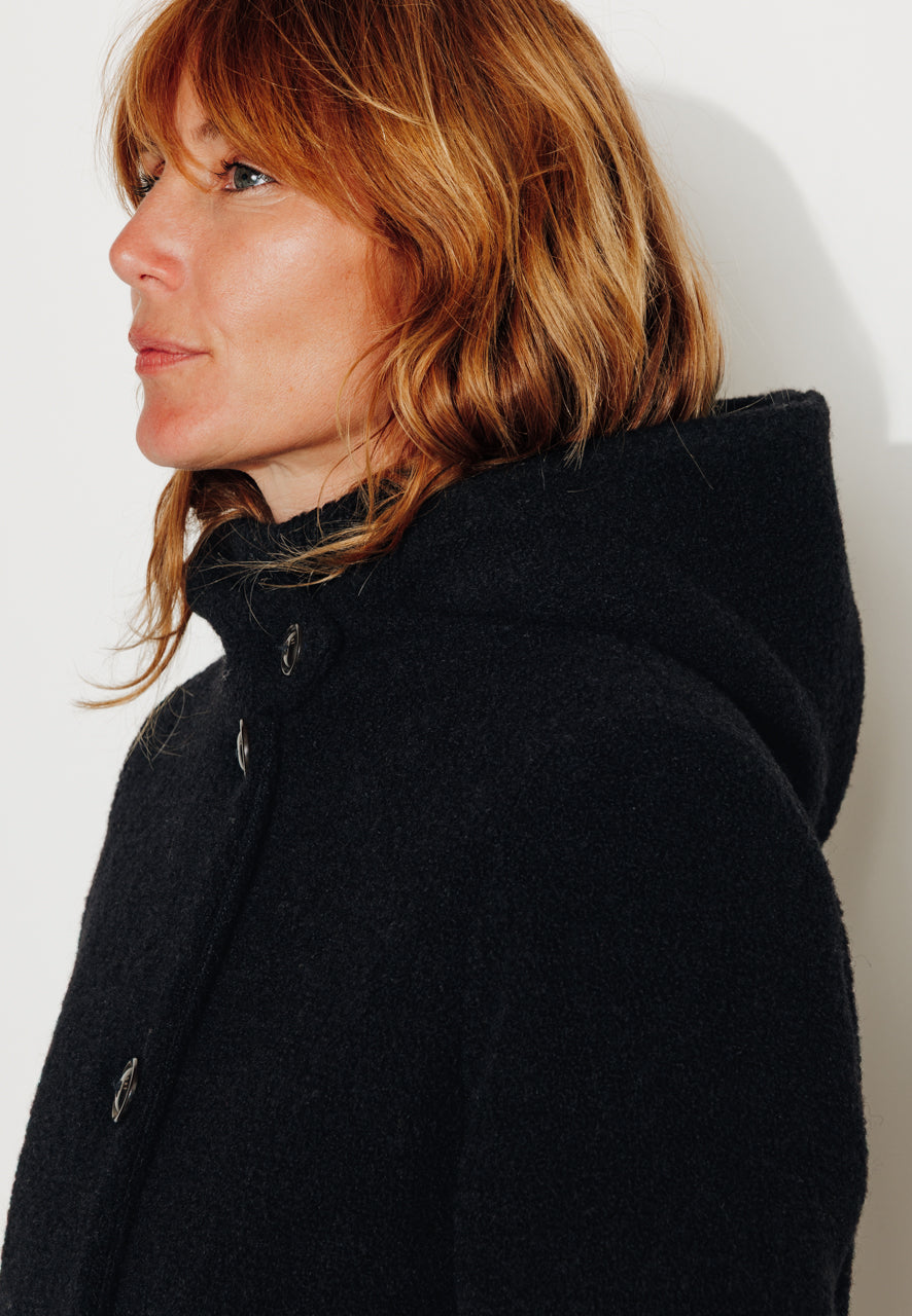 NEFLIER - NEFLIER - Manteau mi-long à capuche en bouclette de laine vierge noir NOIR - Trench & Coat