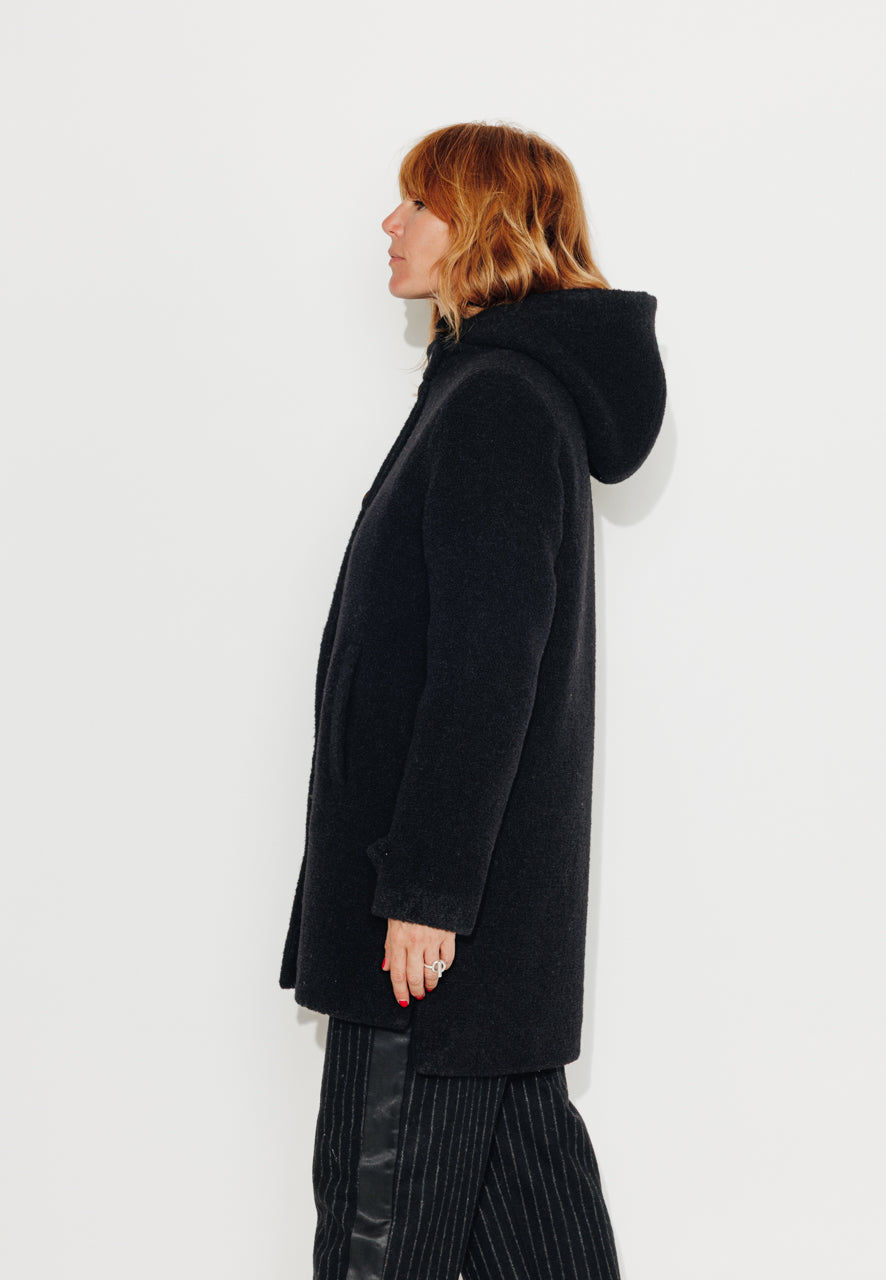 NEFLIER - NEFLIER - Manteau mi-long à capuche en bouclette de laine vierge noir NOIR - Trench & Coat