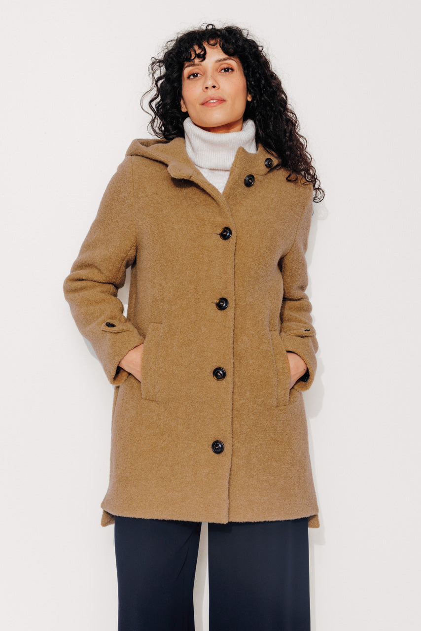 NEFLIER - NEFLIER - Manteau mi-long à capuche en bouclette de laine vierge moutarde MOUTARDE - Trench & Coat