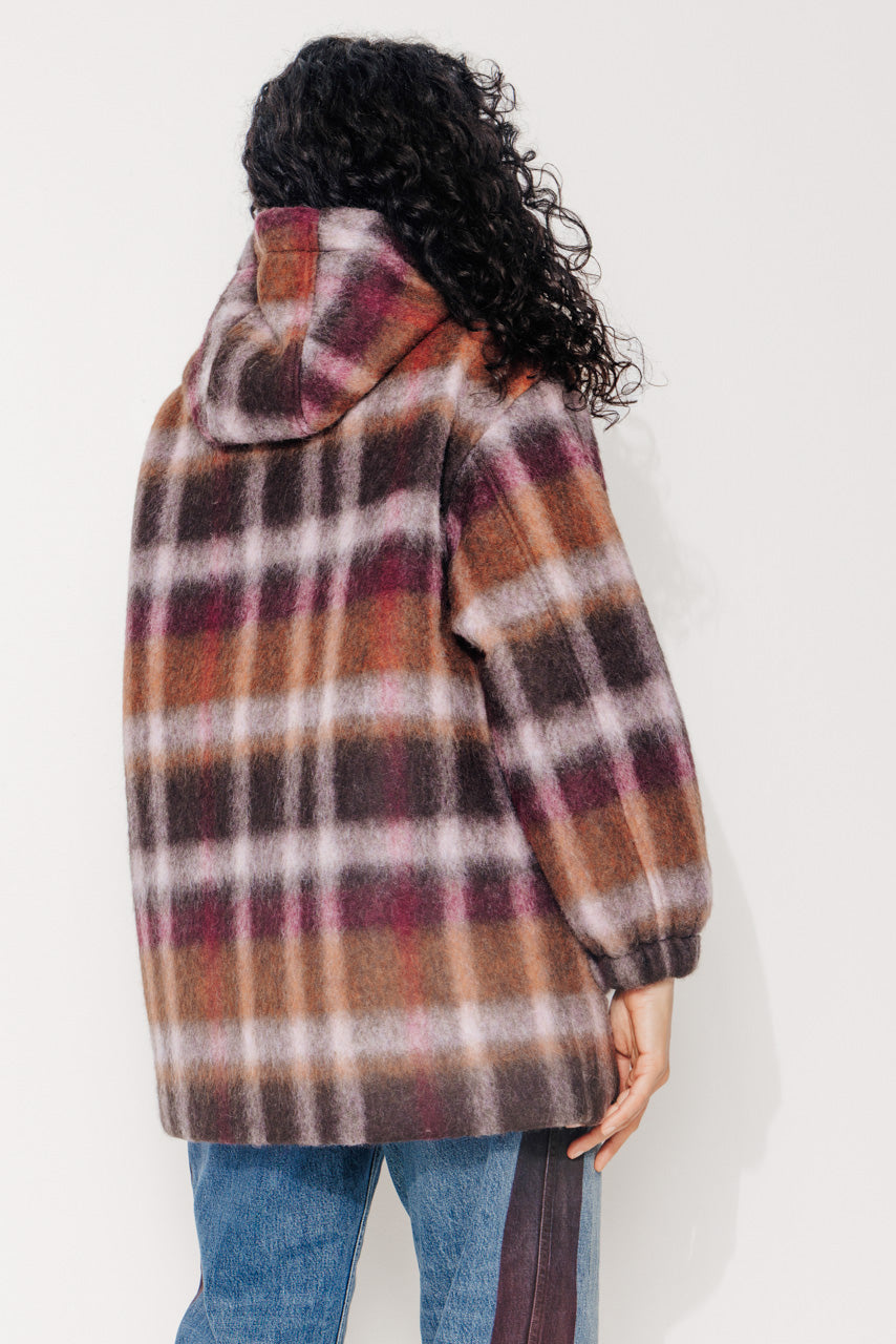 CAROUBIER - CAROUBIER - Manteau court oversize esprit parka en lainage à carreaux bordeaux BRULE/BORDEA - Trench & Coat