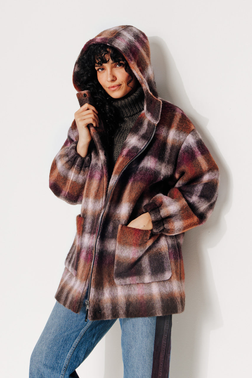 CAROUBIER - CAROUBIER - Manteau court oversize esprit parka en lainage à carreaux bordeaux BRULE/BORDEA - Trench & Coat