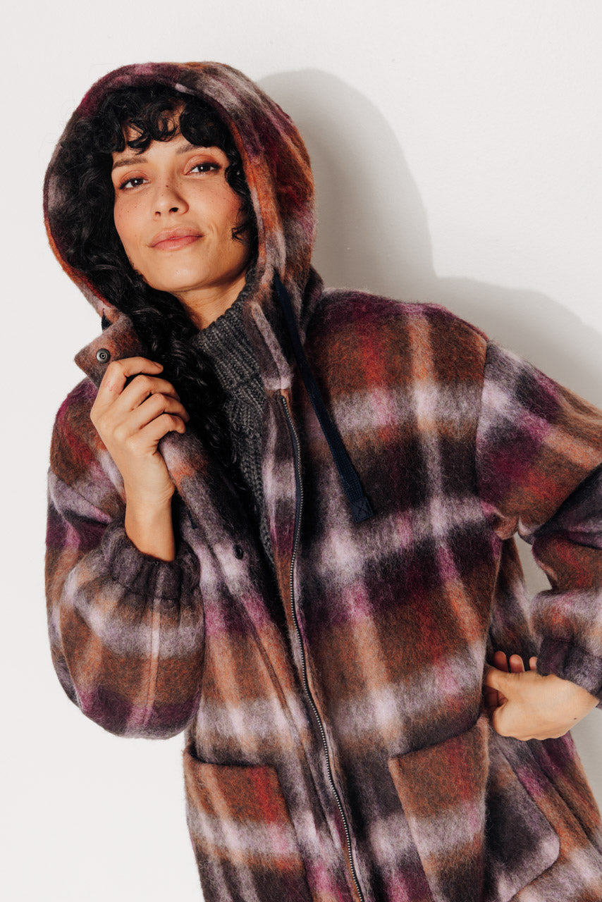 CAROUBIER - CAROUBIER - Manteau court oversize esprit parka en lainage à carreaux bordeaux BRULE/BORDEA - Trench & Coat