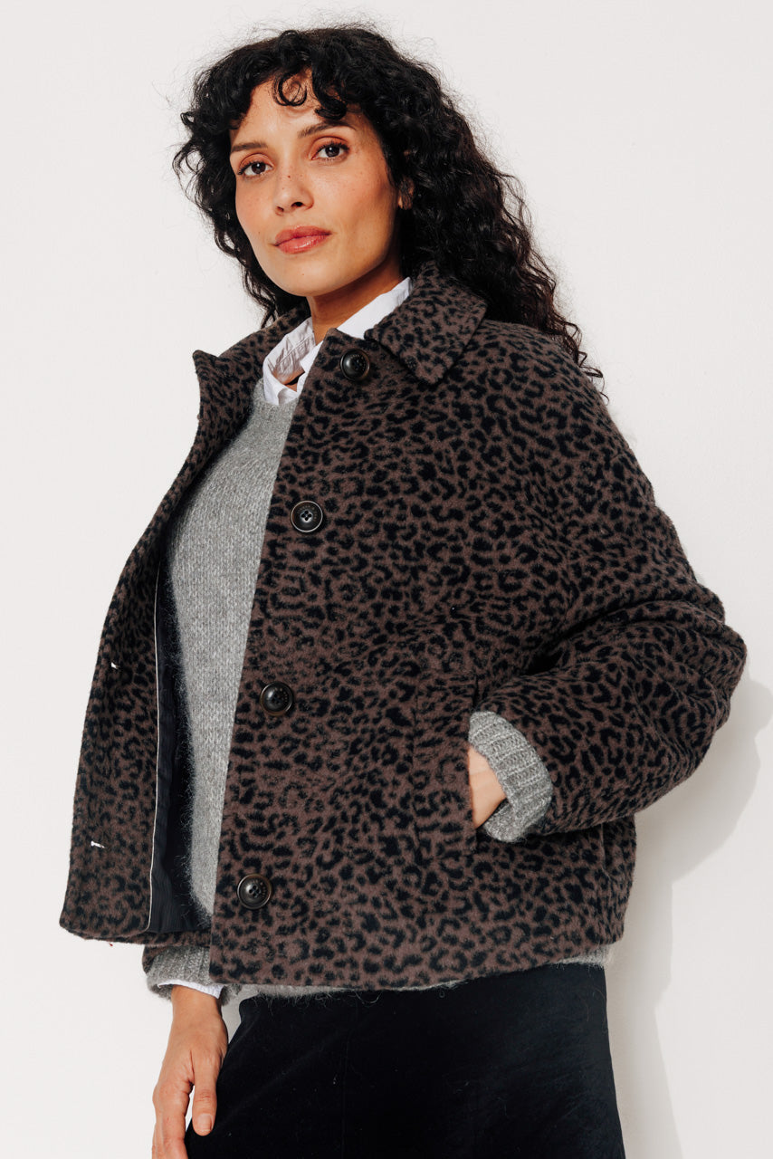 GALANA - GALANA - Manteau court oversize en jacquard léopard MARRON - Trench & Coat