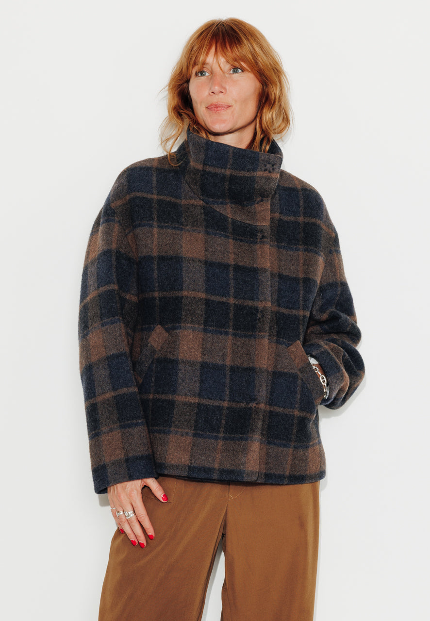 CABRILLET - CABRILLET - Manteau court oversize en lainage à carreaux marron et bleu BLEU/MARRON - Trench & Coat