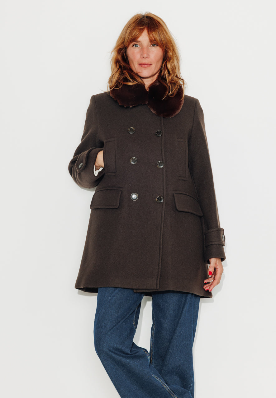 ALISIER - ALISIER - Manteau mi long en drap de laine vierge marron ECORCE - Trench & Coat