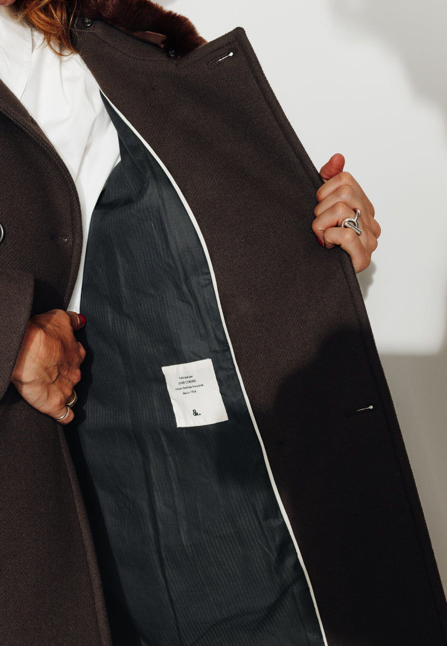 ALISIER - ALISIER - Manteau mi long en drap de laine vierge marron ECORCE - Trench & Coat