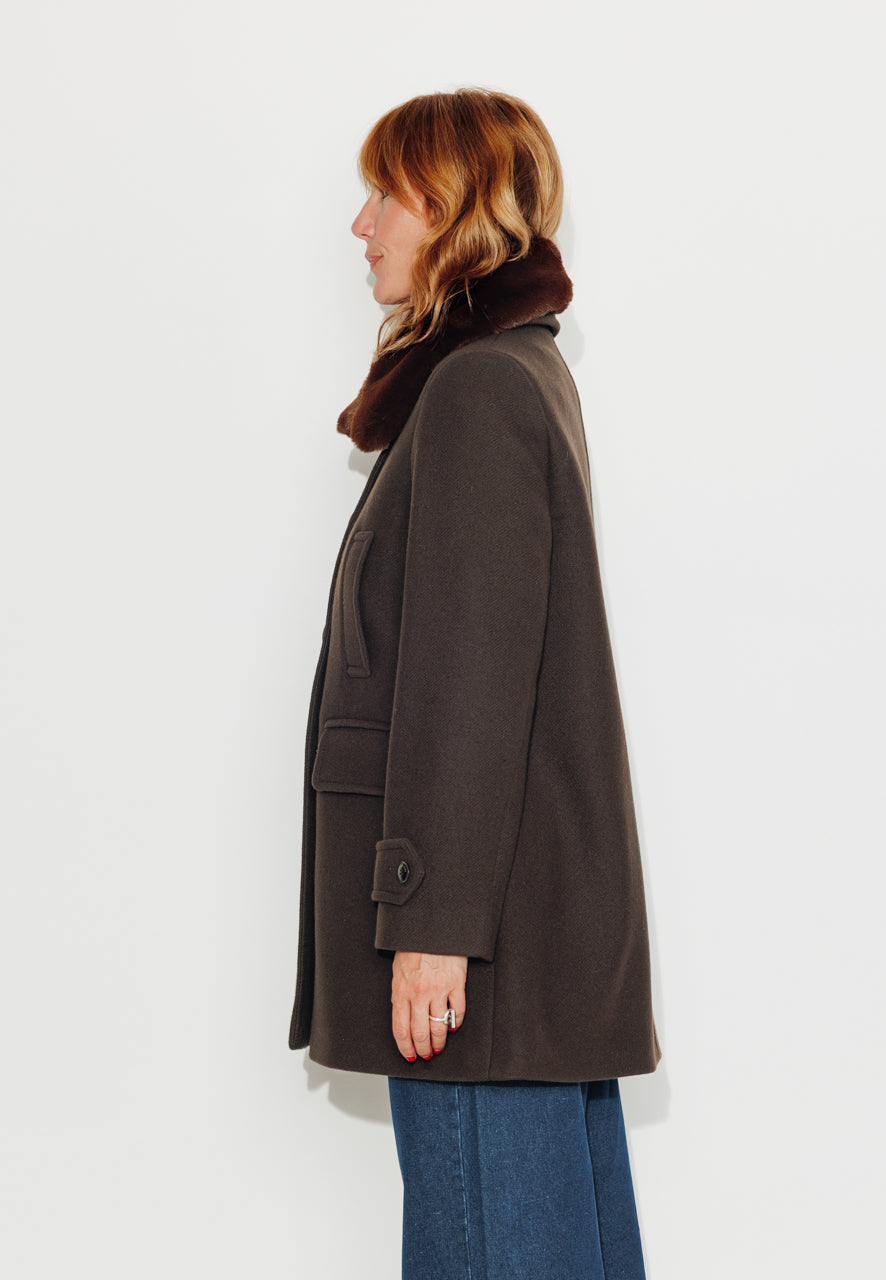 ALISIER - ALISIER - Manteau mi long en drap de laine vierge marron ECORCE - Trench & Coat