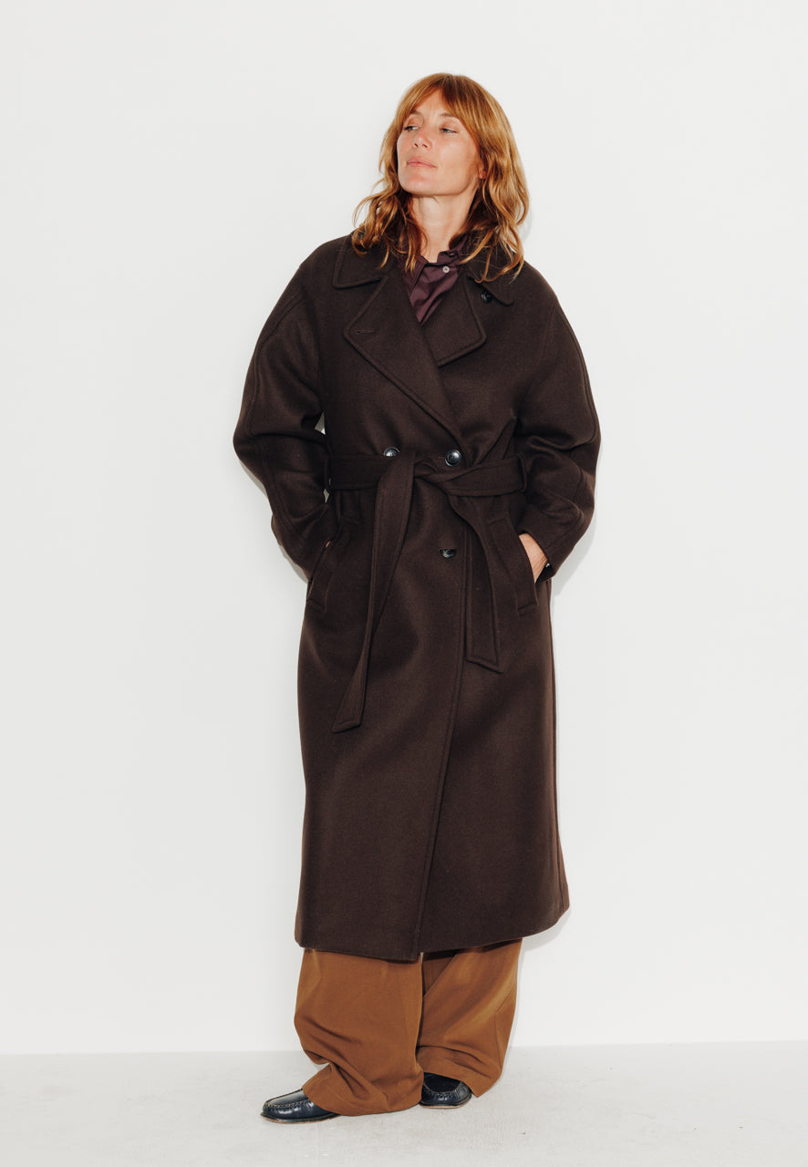 LONGTROENE - LONGTROENE - Manteau long oversize en drap de laine vierge marron ECORCE - Trench & Coat