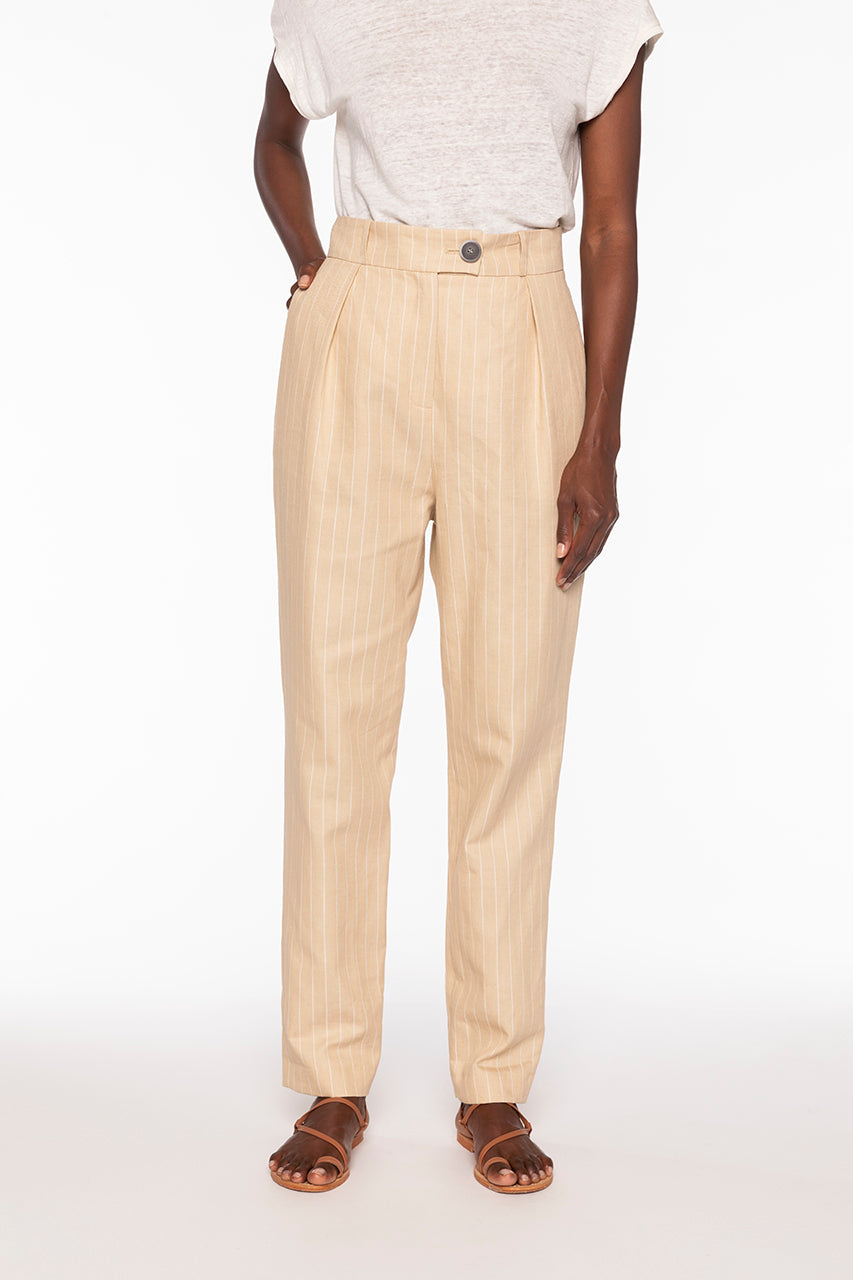 CAGNES pants-Beige high-waisted linen and cotton pants