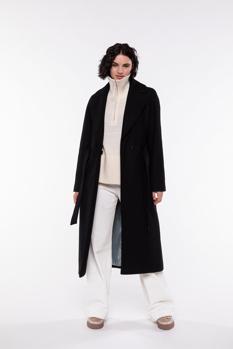 Manteau long femme drap de laine noir ceinturé- Trench & Coat