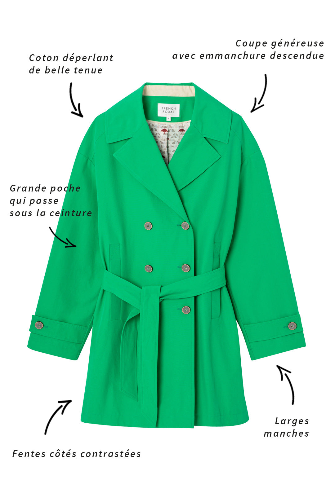TREPORT Trench-Generous short trench coat with apple green belt