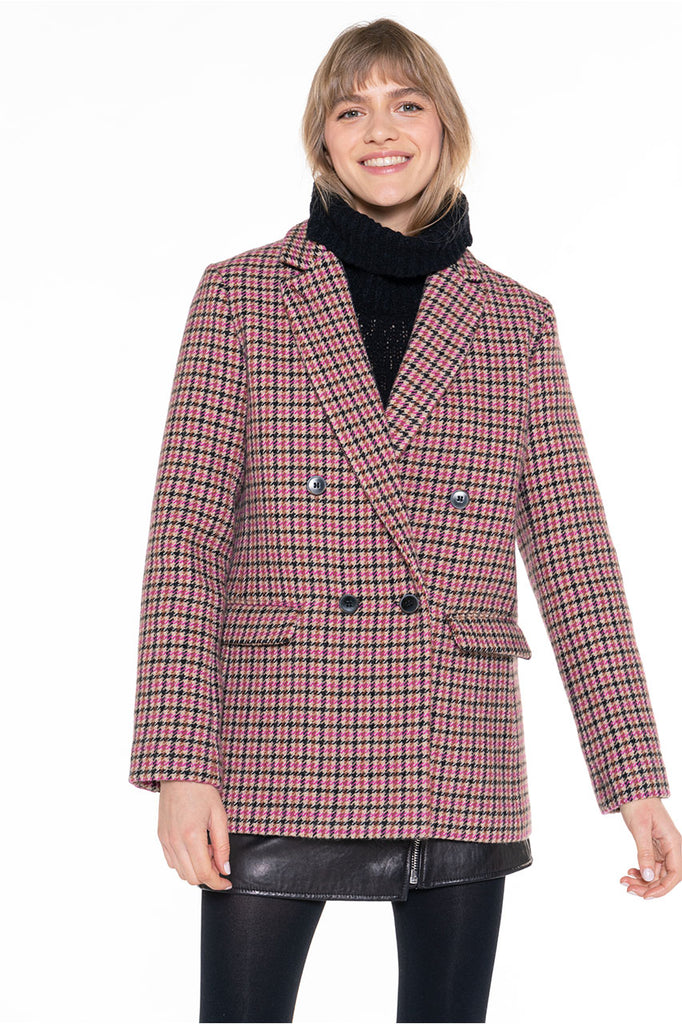 Veste Cernion carreaux pure laine-Veste à carreaux pure laine beige et fuschia