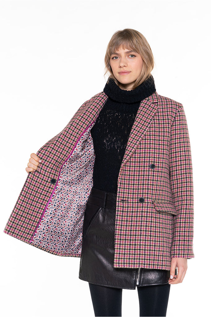 Veste Cernion carreaux pure laine-Veste à carreaux pure laine beige et fuschia