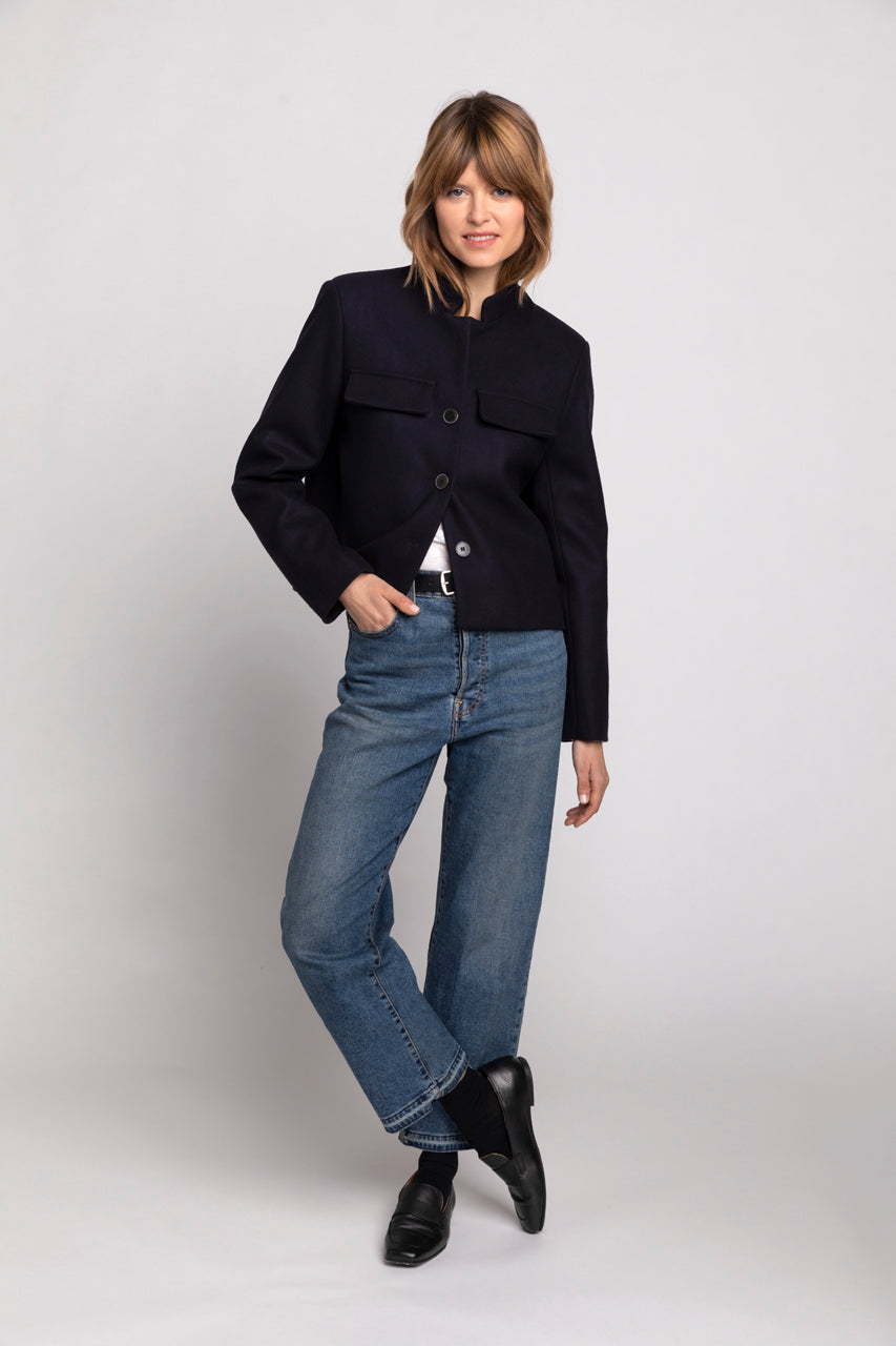 Veste courte femme esprit spencer drap de laine marine Trench Coat Trench Coat France