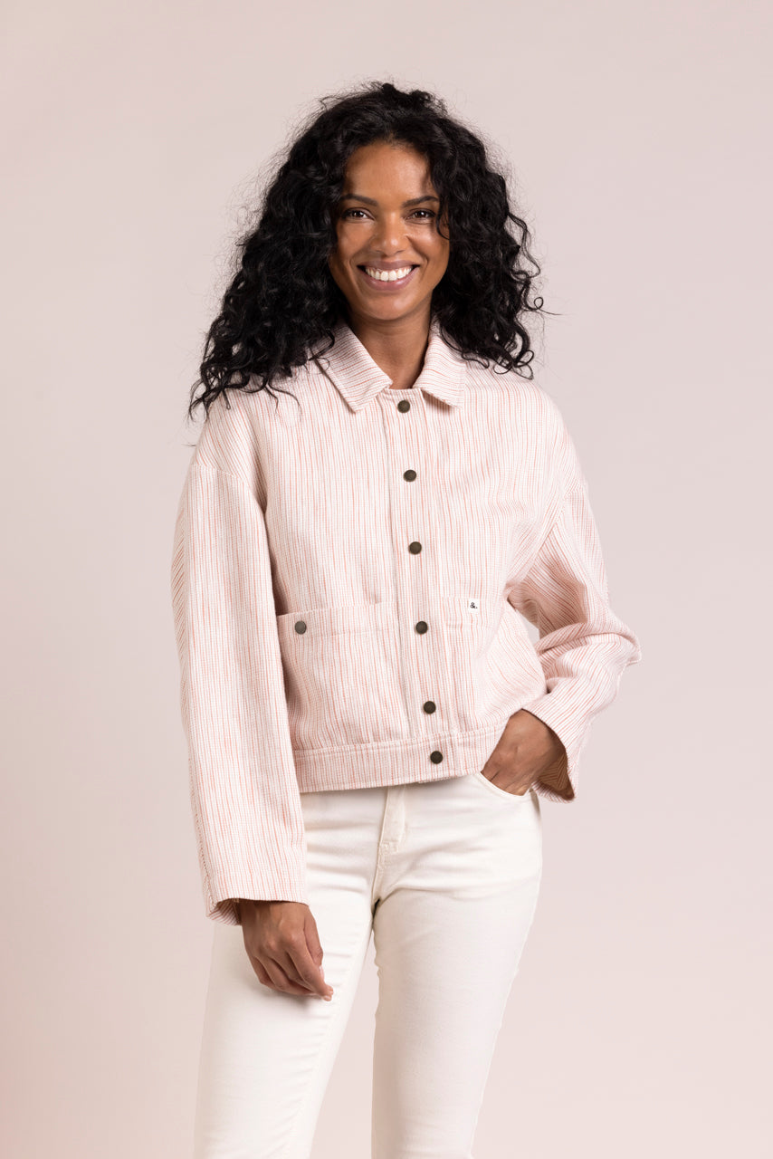 KERRIA - Veste courte à rayures coton et lin Coral / Corail - Trench & Coat