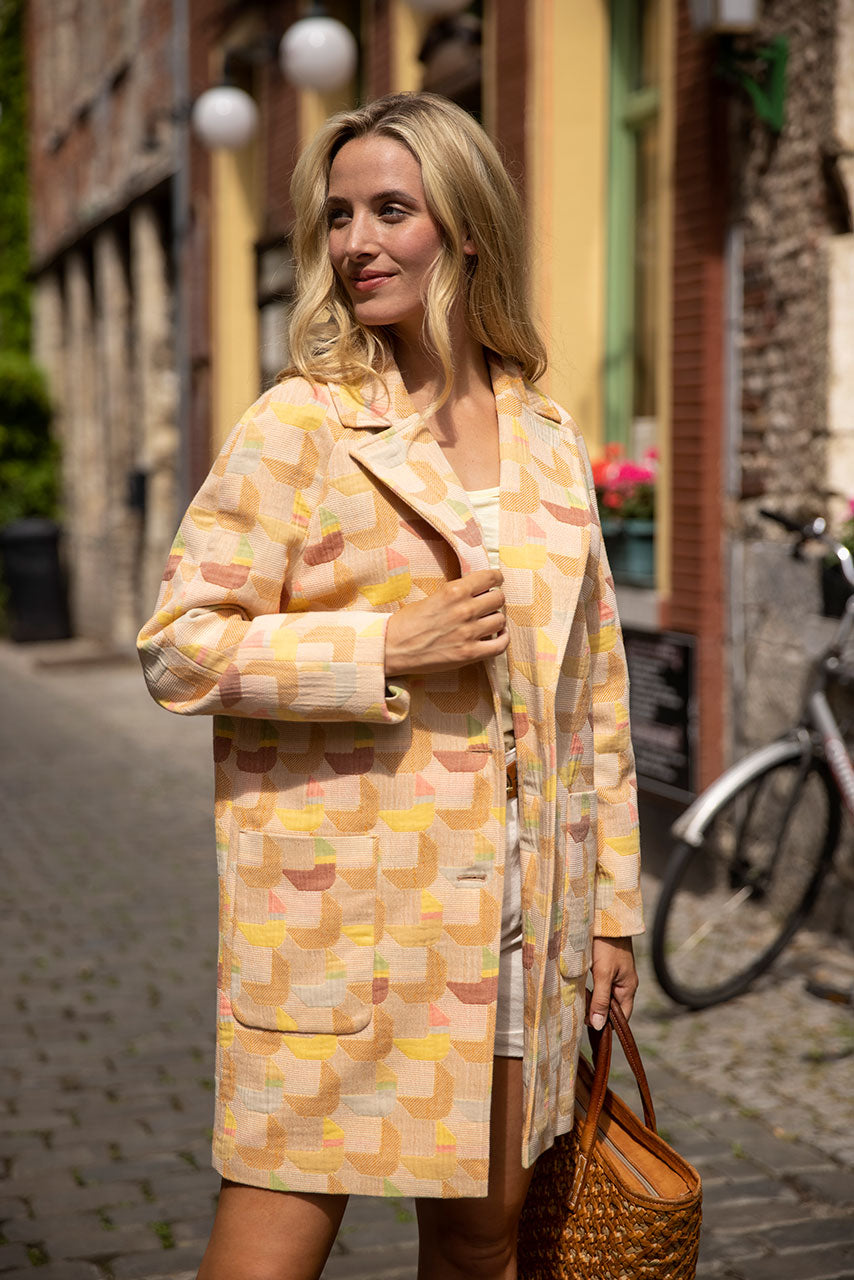 Manteau droit FRESNES jaune et marron-Manteau droit simple boutonnage jaune et marron en coton