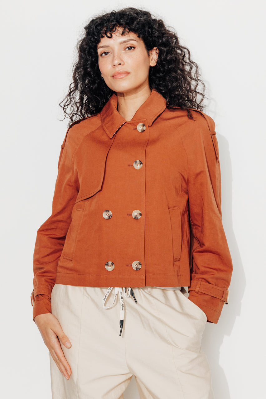 BOVELLE short trench coat in glossy brown cotton-Short trench coat in glossy brown cotton