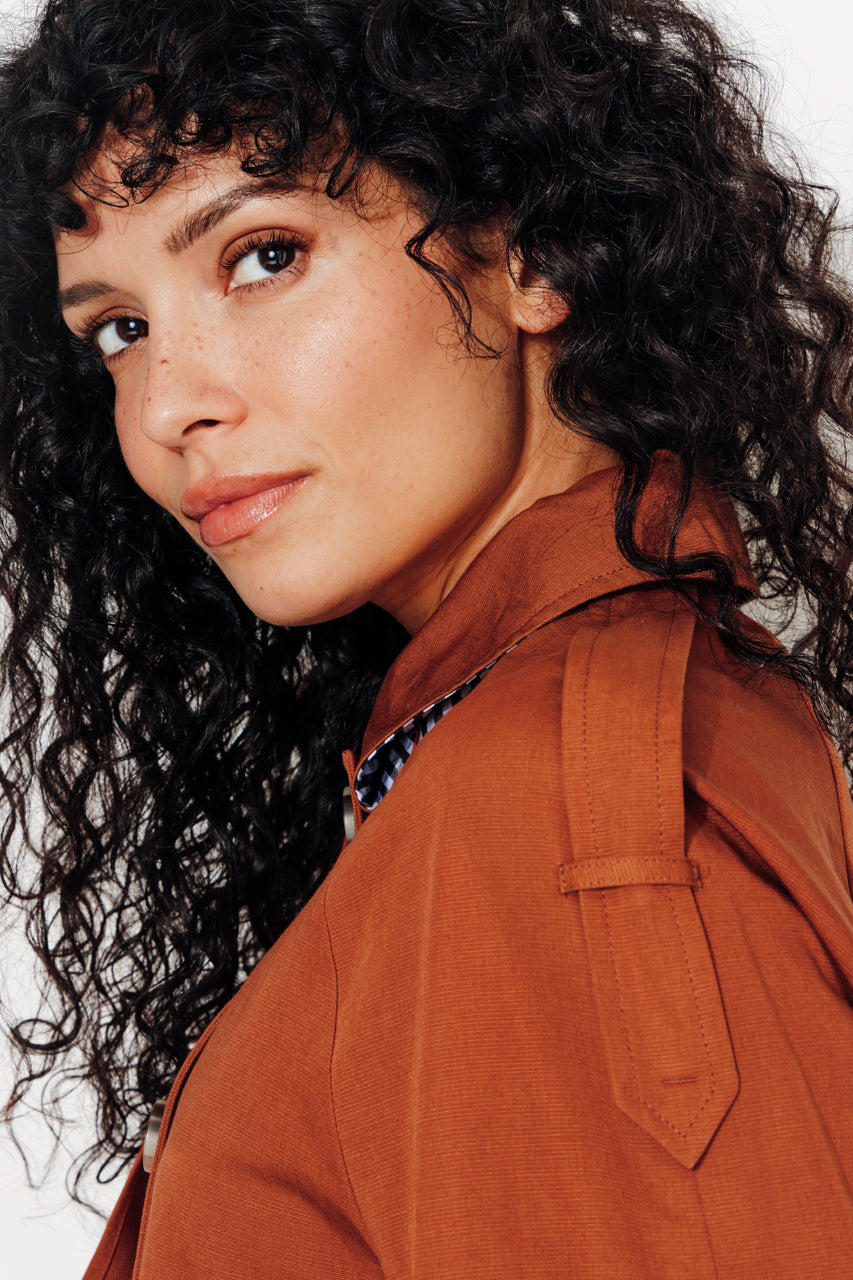 BOVELLE short trench coat in glossy brown cotton-Short trench coat in glossy brown cotton