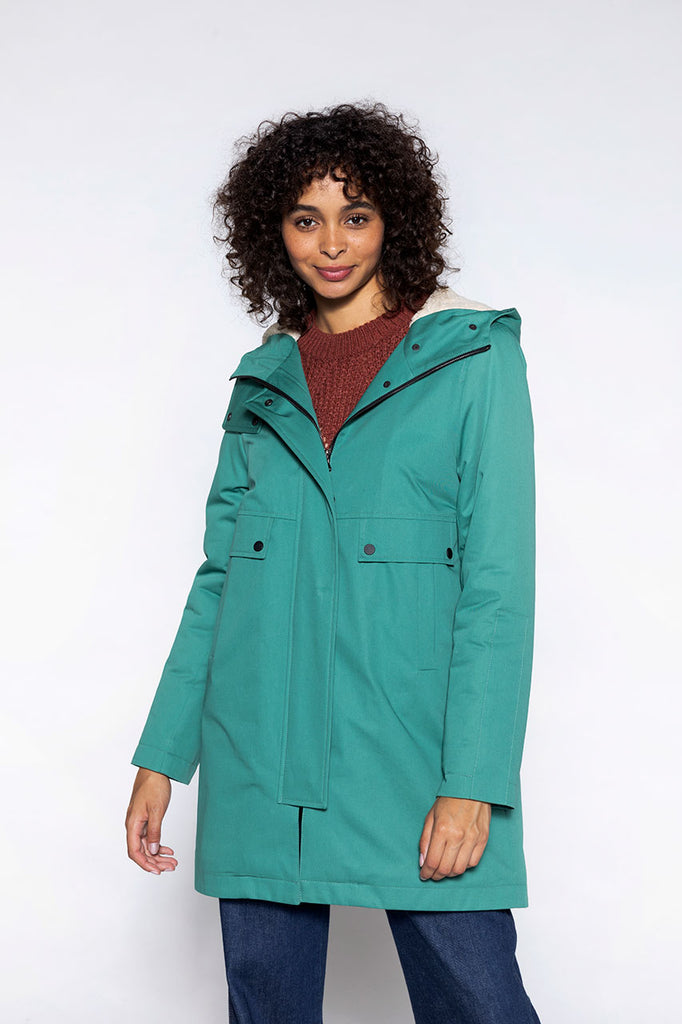 Parka chaude coton Gabriac verte-Parka en pure coton vert doublée en fourrure moutonnée