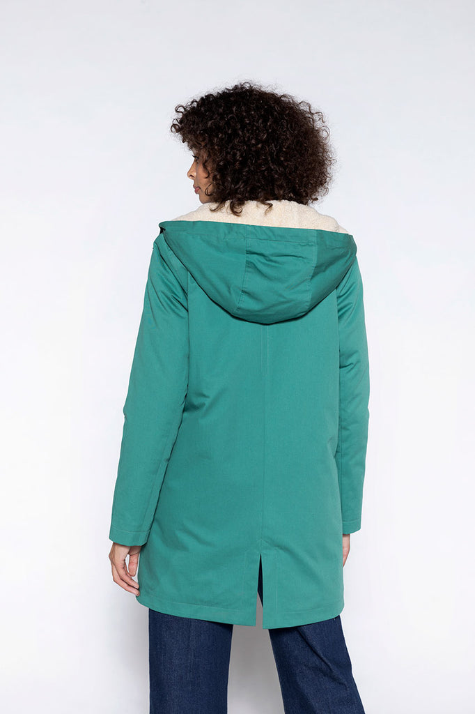 Parka chaude coton Gabriac verte-Parka en pure coton vert doublée en fourrure moutonnée