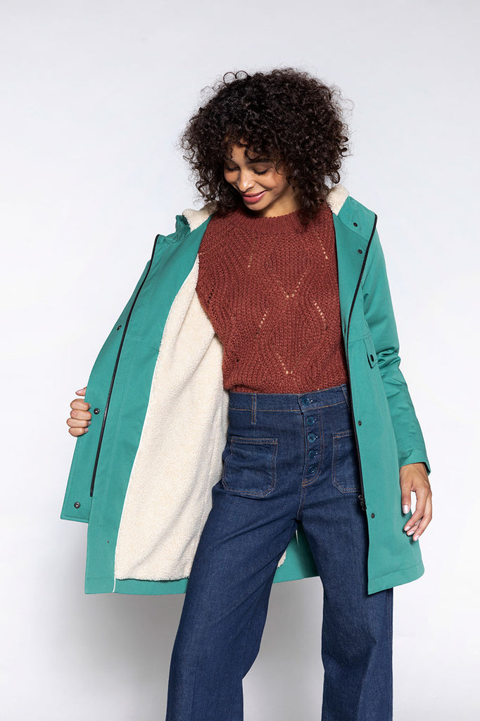 Parka chaude coton Gabriac verte-Parka en pure coton vert doublée en fourrure moutonnée