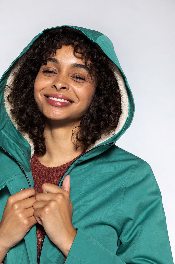 Parka chaude coton Gabriac verte-Parka en pure coton vert doublée en fourrure moutonnée