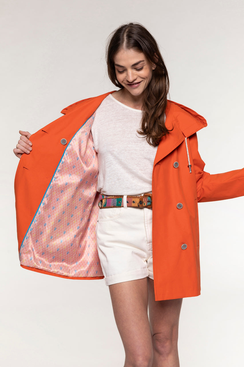 Parka courte QUIBERON à capuche orange-Parka courte à capuche avec détails de trench orange