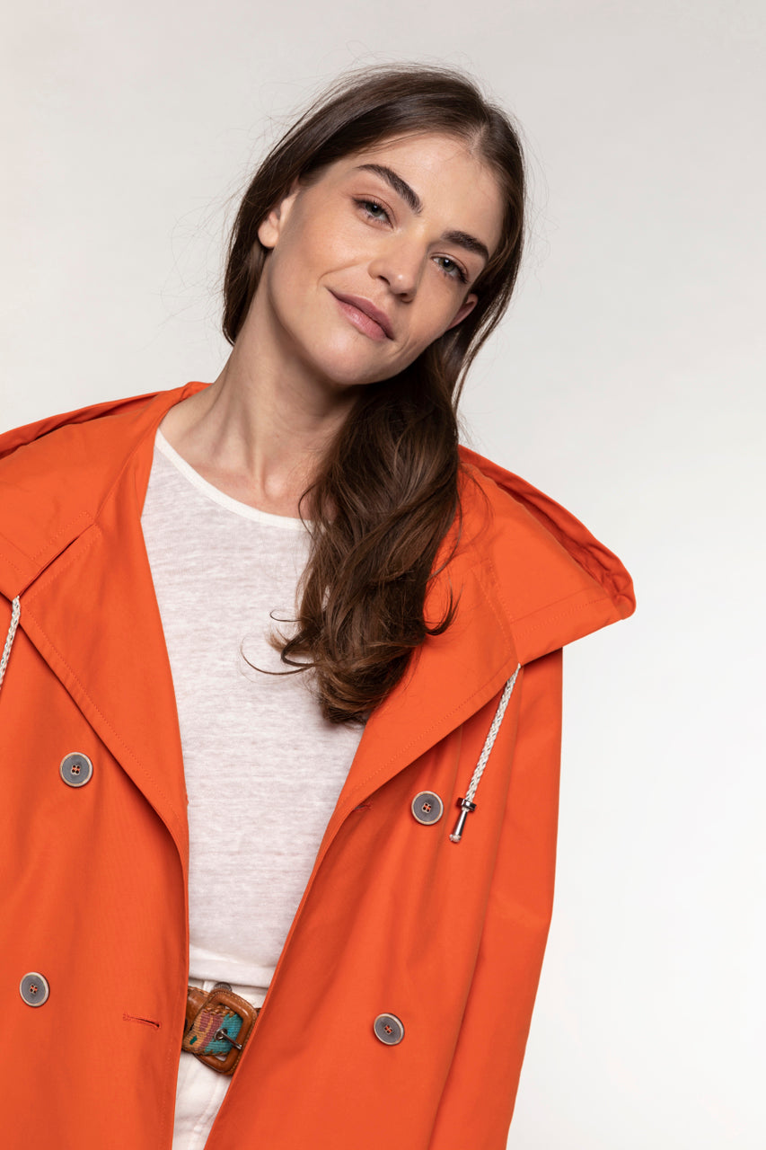 Parka courte QUIBERON à capuche orange-Parka courte à capuche avec détails de trench orange