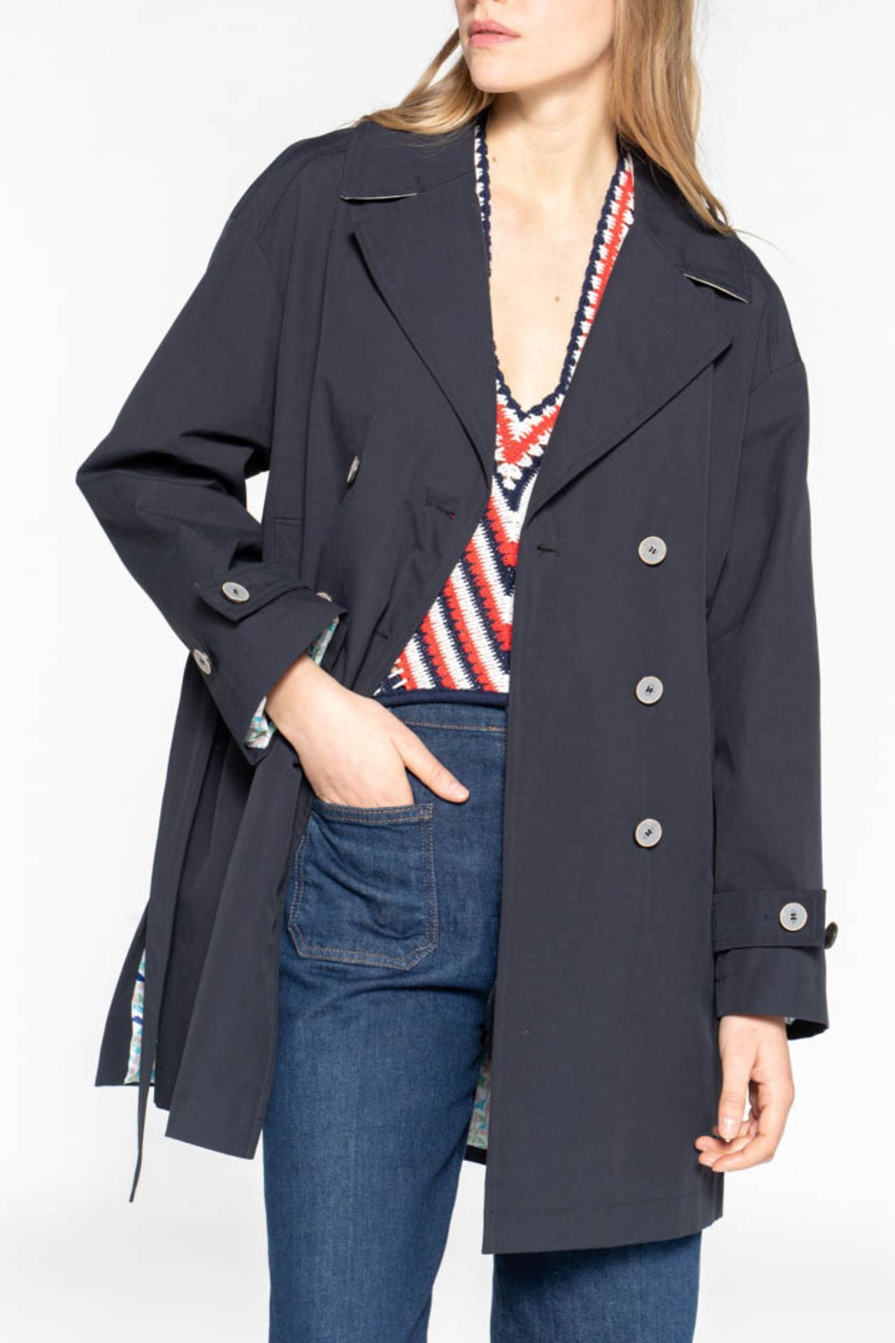 Short oversized navy cotton summer trench coat for women Trench