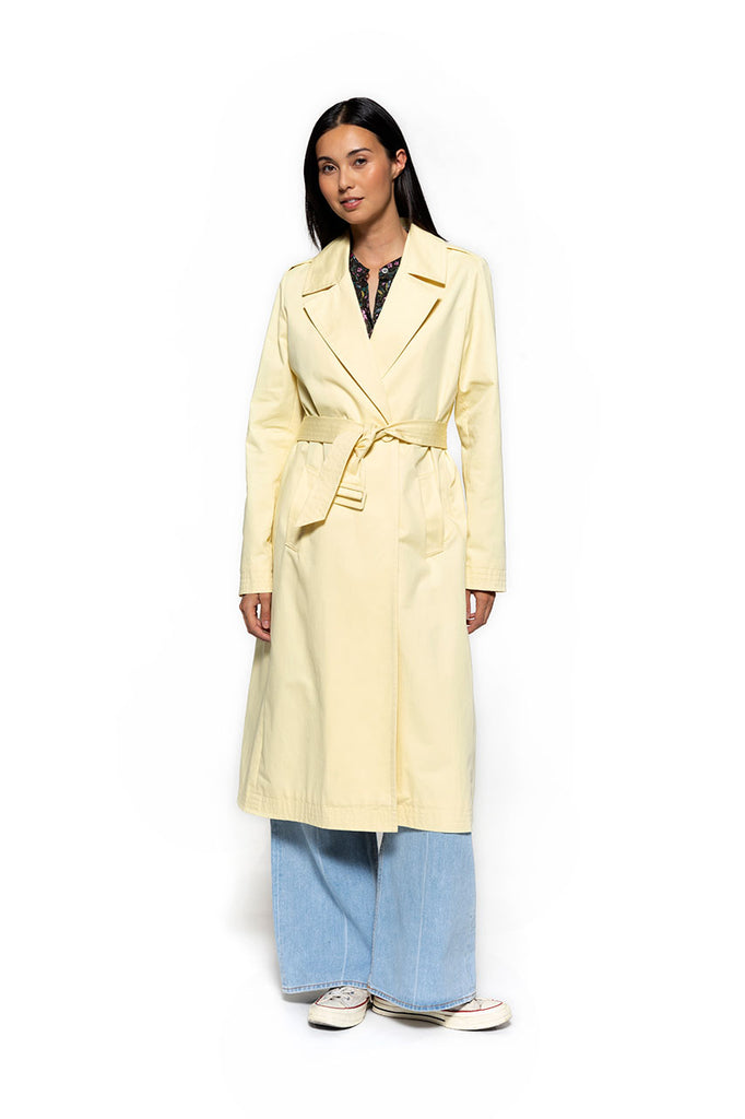 Trench long BEGANNE pur coton jaune clair-Trench long ceinturé en pur coton jaune clair