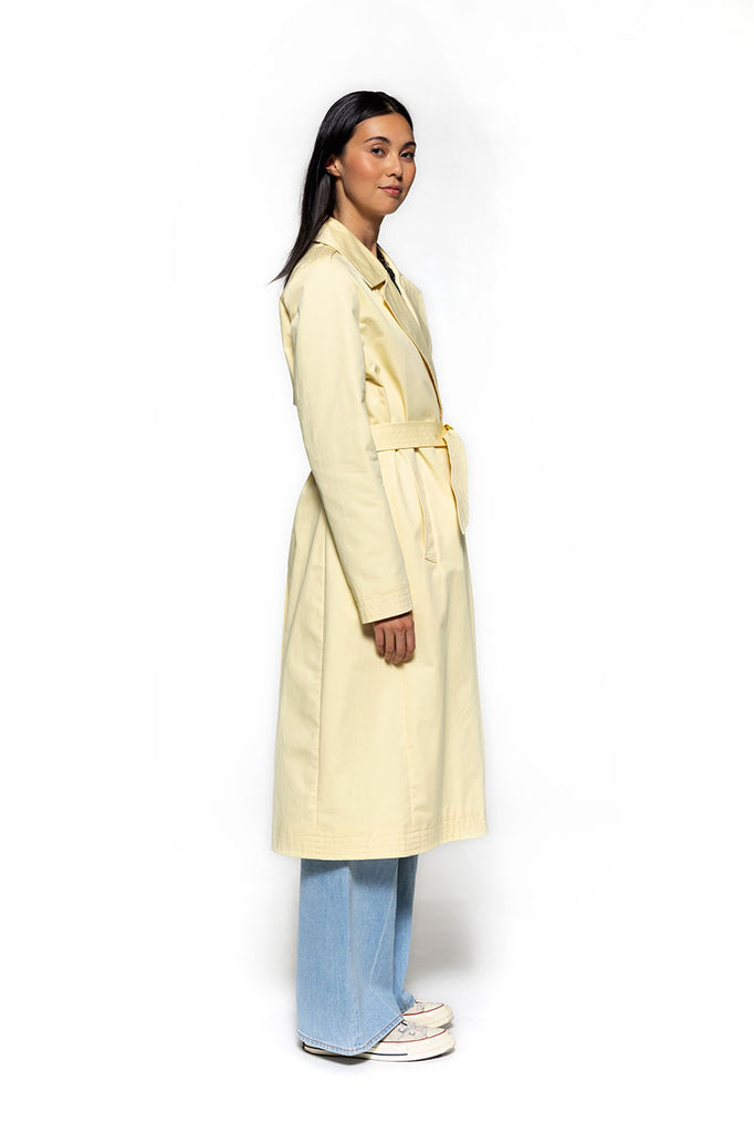 Trench long BEGANNE pur coton jaune clair-Trench long ceinturé en pur coton jaune clair