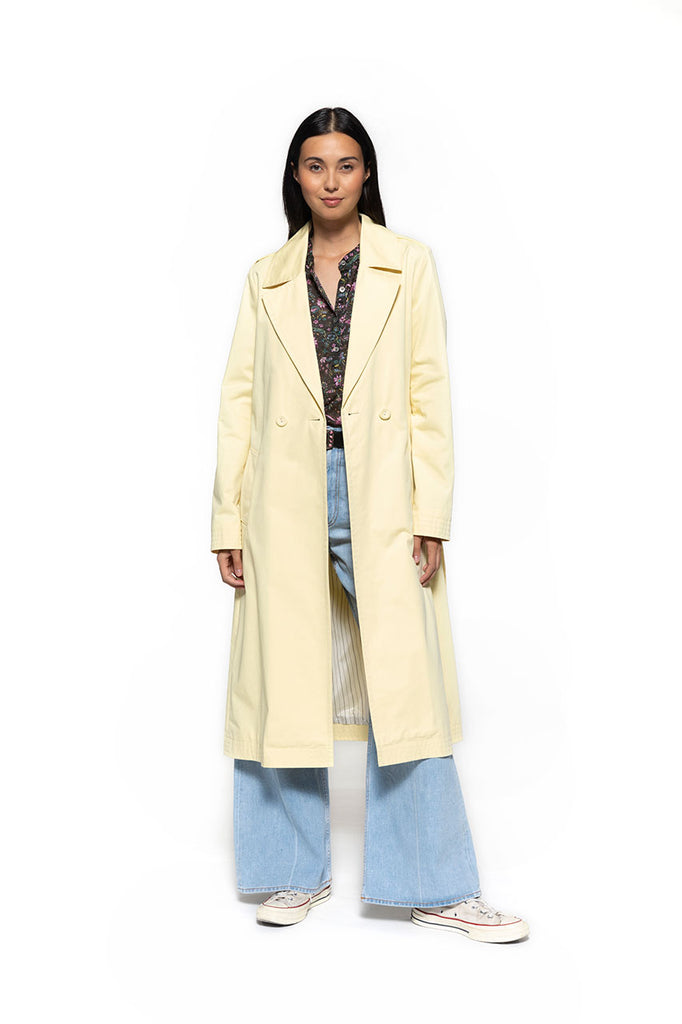 Trench long BEGANNE pur coton jaune clair-Trench long ceinturé en pur coton jaune clair