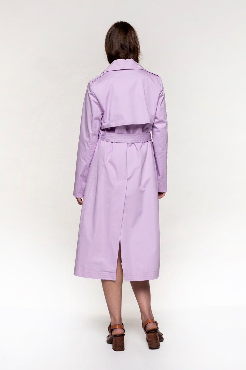 BEGANNE long trench coat in pure purple cotton-Long belted trench coat in pure purple cotton