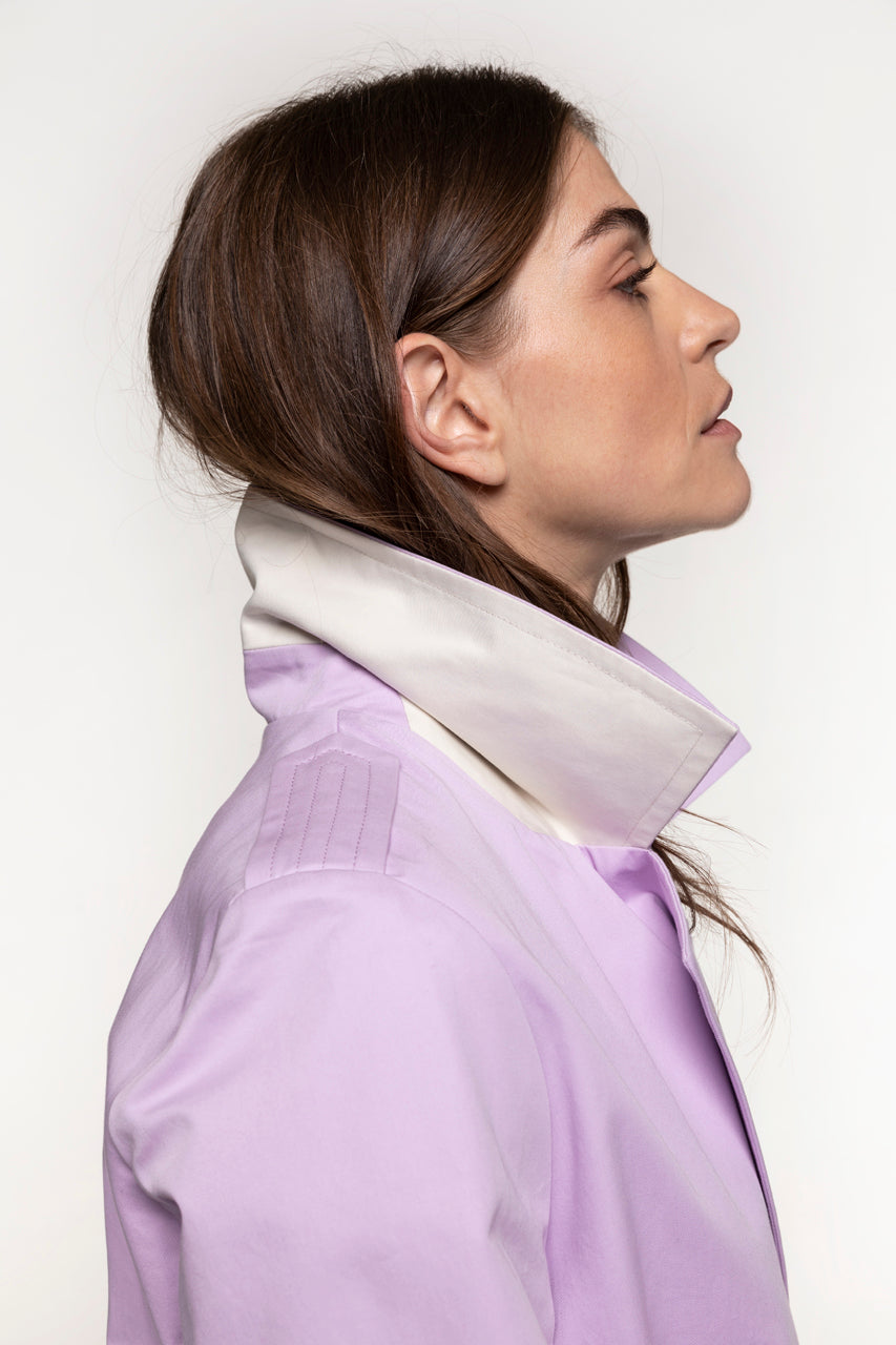 BEGANNE long trench coat in pure purple cotton-Long belted trench coat in pure purple cotton
