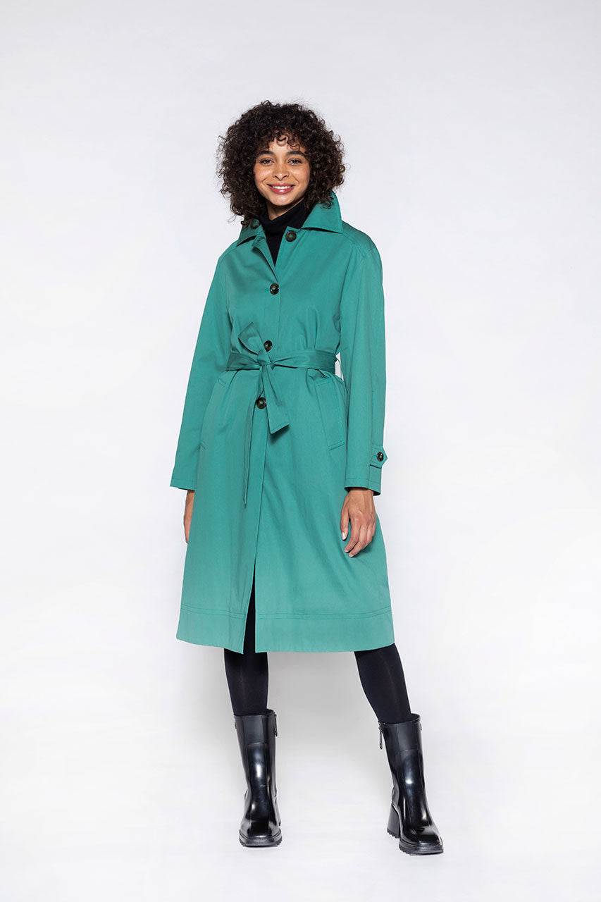 Oversized green Ozon cotton trench coat-Generous green pure cotton trench coat