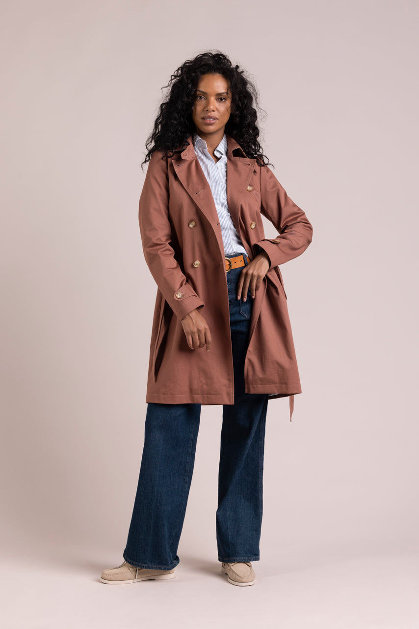 ROSEAU - Trench féminin 100% coton premium déperlant MARRON - Trench & Coat