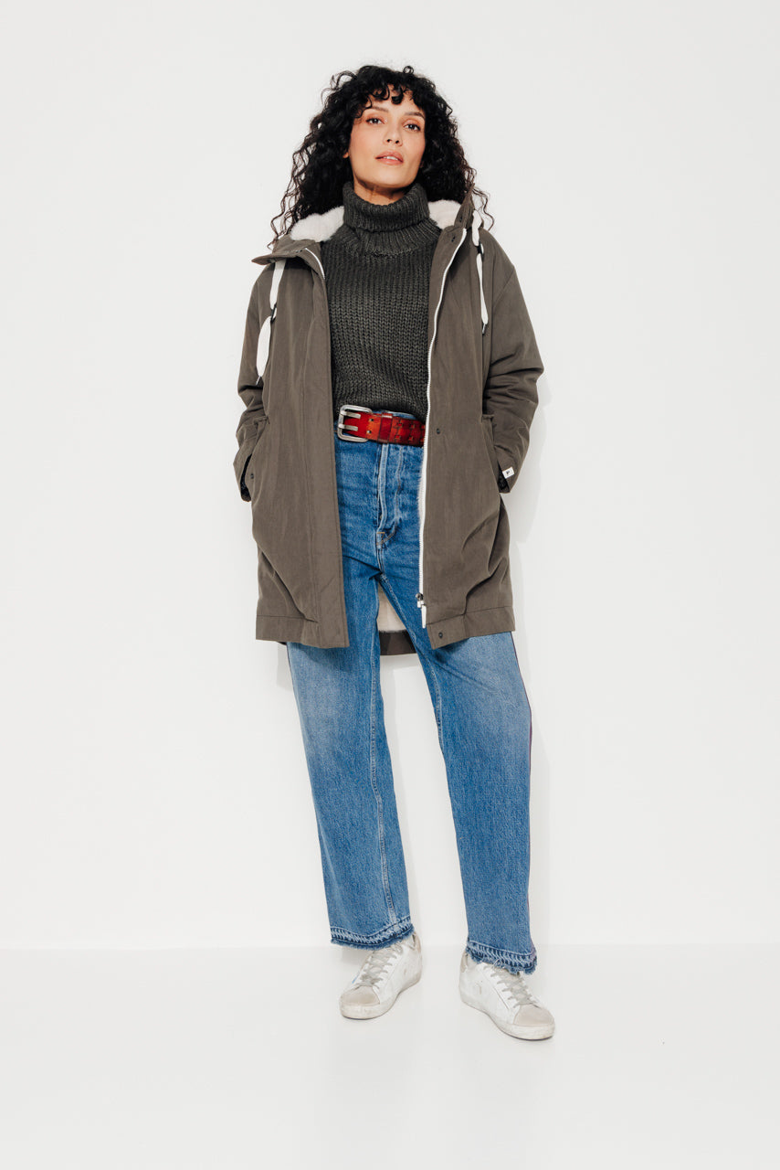 FICUS - FICUS - Parka mi-longue oversize doublée fourrure taupe ECORCE - Trench & Coat
