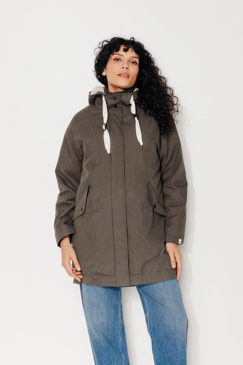 FICUS - FICUS - Parka mi-longue oversize doublée fourrure taupe ECORCE - Trench & Coat