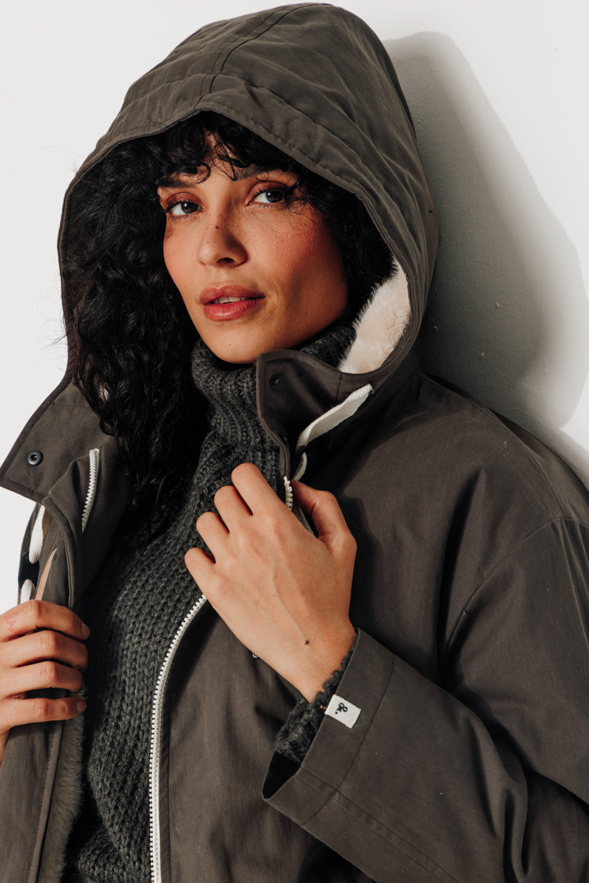 FICUS - FICUS - Parka mi-longue oversize doublée fourrure taupe ECORCE - Trench & Coat