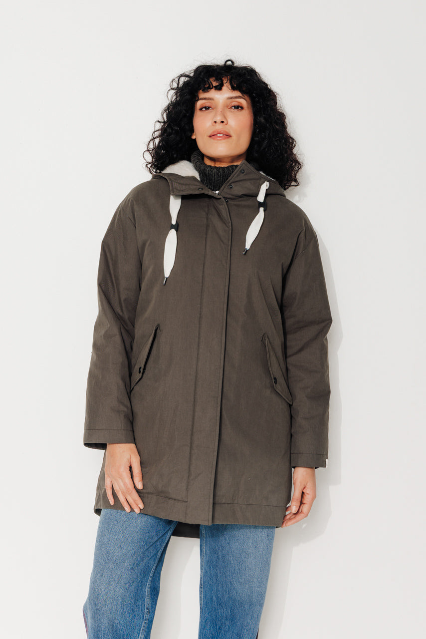 FICUS - FICUS - Parka mi-longue oversize doublée fourrure taupe ECORCE - Trench & Coat