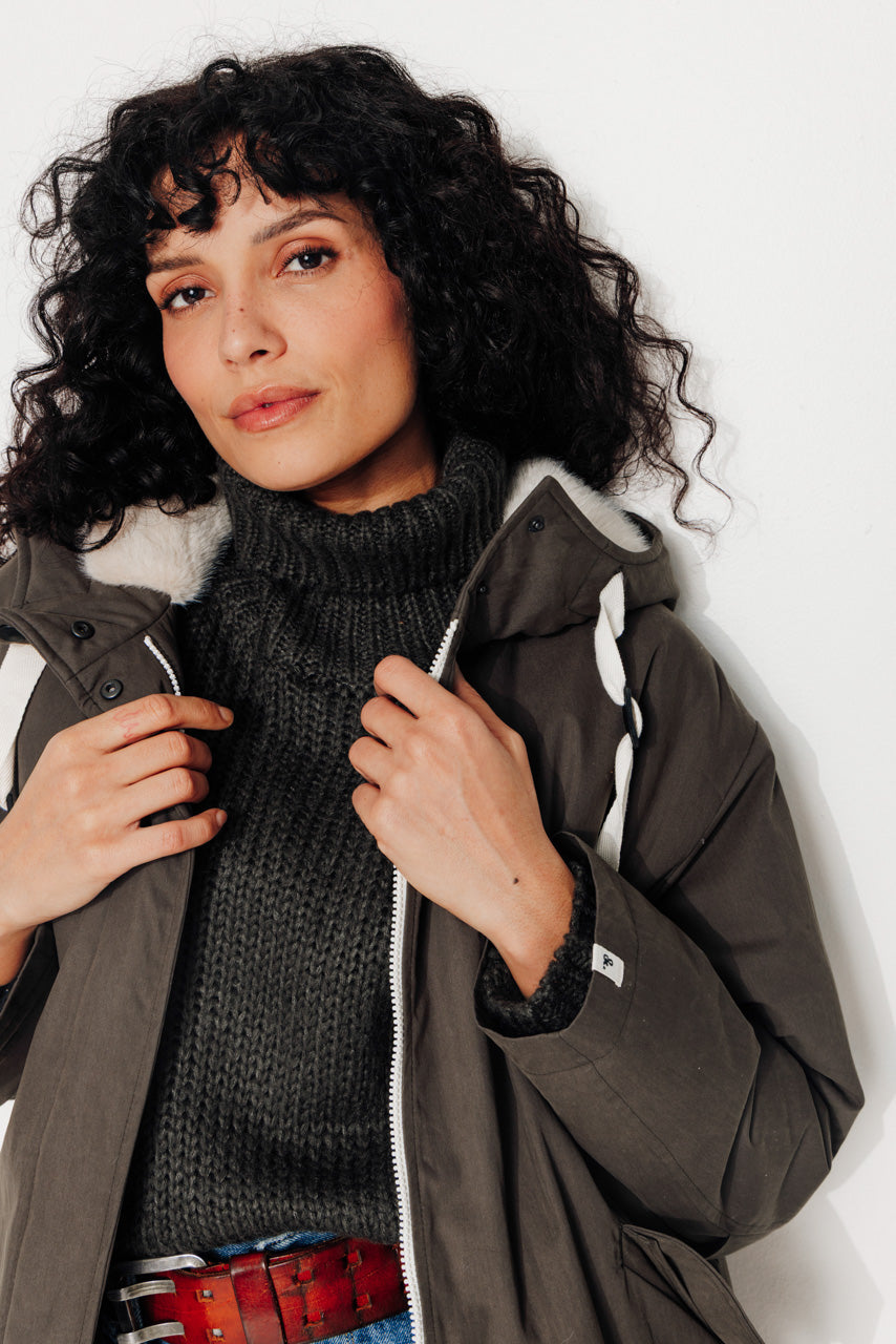 FICUS - FICUS - Parka mi-longue oversize doublée fourrure taupe ECORCE - Trench & Coat