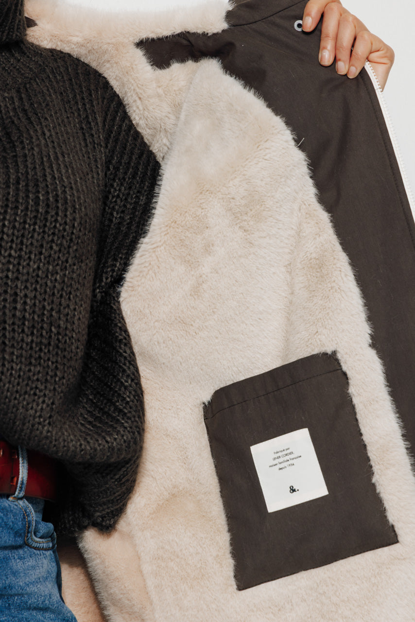 FICUS - FICUS - Parka mi-longue oversize doublée fourrure taupe ECORCE - Trench & Coat